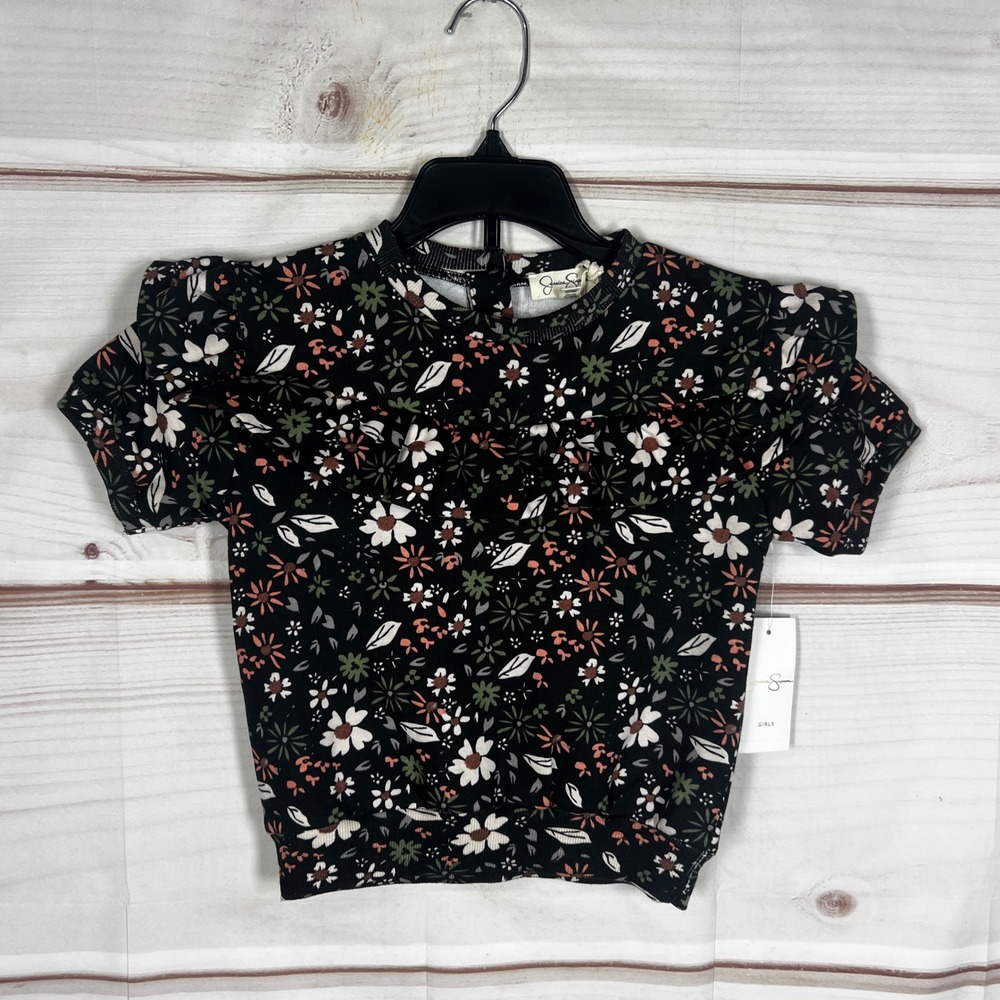 Jessica Simpson Top‎ Girls 4T Black Floral Ruffle Short Sleeve Terry Knit Boho